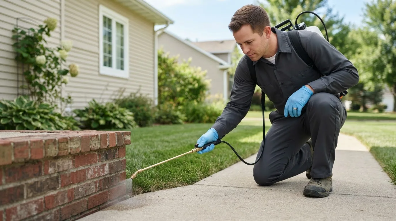 Pest control technician treating a home near East Quogue, NY