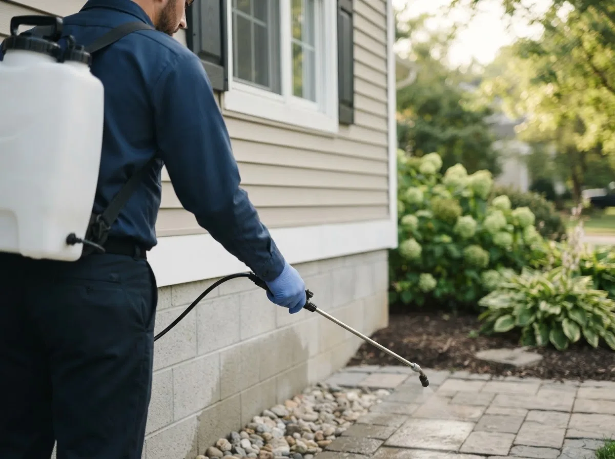 Pest control technician inspecting a home in East Quogue, NY